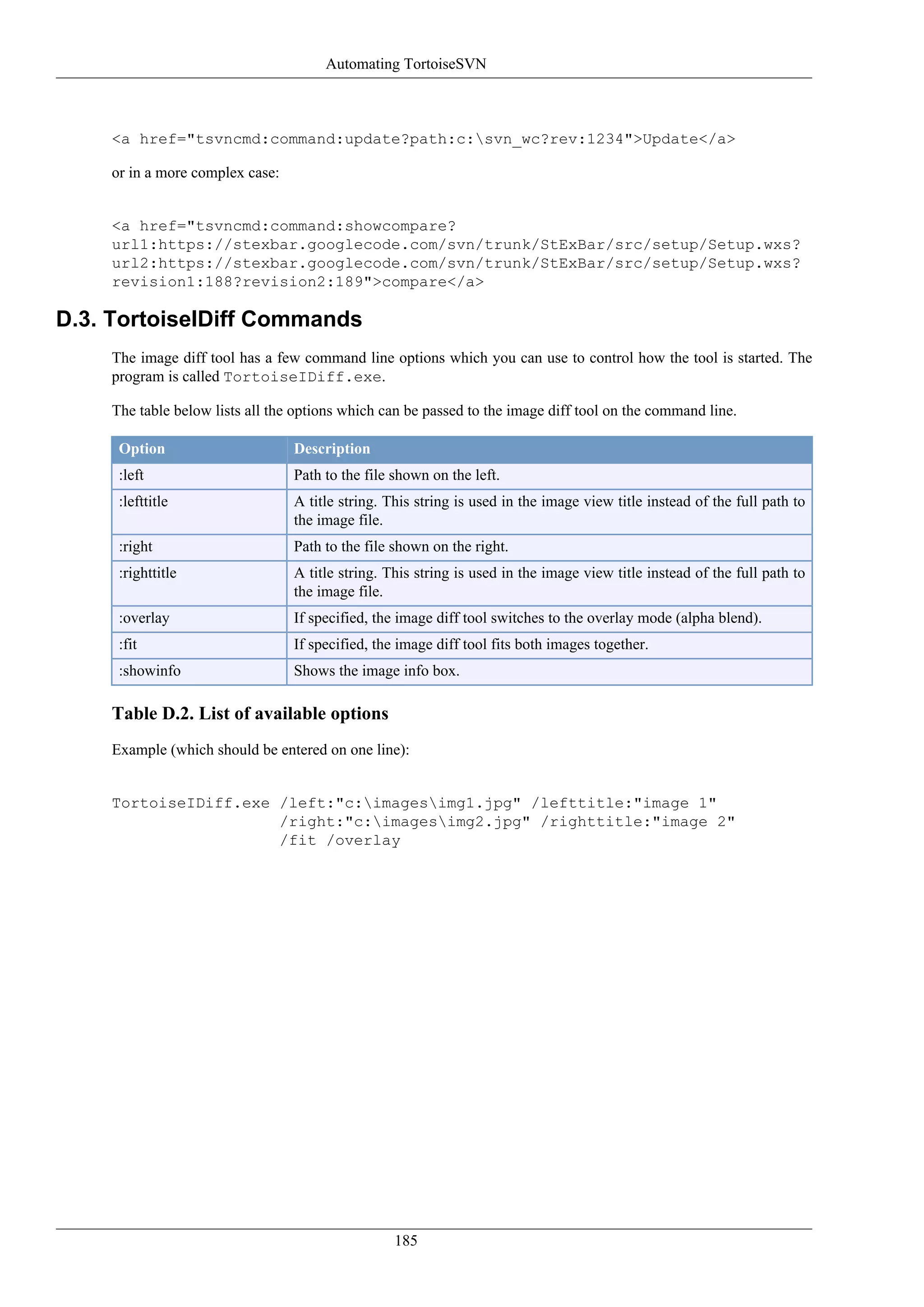 Automating TortoiseSVN



    <a href="tsvncmd:command:update?path:c:svn_wc?rev:1234">Update</a>

    or in a more complex case:


    <a href="tsvncmd:command:showcompare?
    url1:https://stexbar.googlecode.com/svn/trunk/StExBar/src/setup/Setup.wxs?
    url2:https://stexbar.googlecode.com/svn/trunk/StExBar/src/setup/Setup.wxs?
    revision1:188?revision2:189">compare</a>

D.3. TortoiseIDiff Commands
    The image diff tool has a few command line options which you can use to control how the tool is started. The
    program is called TortoiseIDiff.exe.

    The table below lists all the options which can be passed to the image diff tool on the command line.

     Option                      Description
     :left                       Path to the file shown on the left.
     :lefttitle                  A title string. This string is used in the image view title instead of the full path to
                                 the image file.
     :right                      Path to the file shown on the right.
     :righttitle                 A title string. This string is used in the image view title instead of the full path to
                                 the image file.
     :overlay                    If specified, the image diff tool switches to the overlay mode (alpha blend).
     :fit                        If specified, the image diff tool fits both images together.
     :showinfo                   Shows the image info box.

    Table D.2. List of available options
    Example (which should be entered on one line):


    TortoiseIDiff.exe /left:"c:imagesimg1.jpg" /lefttitle:"image 1"
                      /right:"c:imagesimg2.jpg" /righttitle:"image 2"
                      /fit /overlay




                                                  185
 