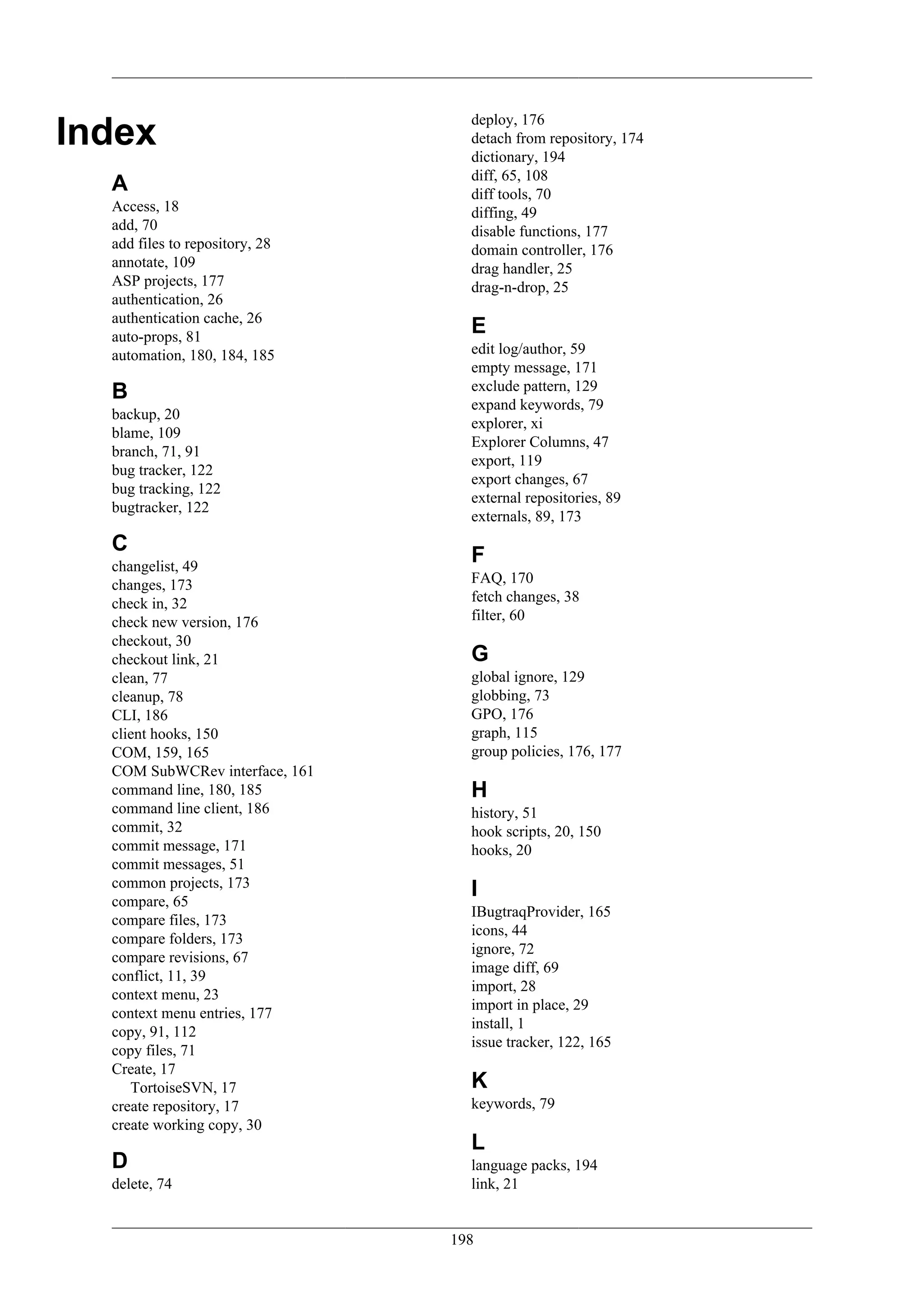 deploy, 176
Index                             detach from repository, 174
                                  dictionary, 194
                                  diff, 65, 108
  A                               diff tools, 70
  Access, 18                      diffing, 49
  add, 70                         disable functions, 177
  add files to repository, 28     domain controller, 176
  annotate, 109                   drag handler, 25
  ASP projects, 177               drag-n-drop, 25
  authentication, 26
  authentication cache, 26
  auto-props, 81
                                  E
  automation, 180, 184, 185       edit log/author, 59
                                  empty message, 171
  B                               exclude pattern, 129
                                  expand keywords, 79
  backup, 20
                                  explorer, xi
  blame, 109
                                  Explorer Columns, 47
  branch, 71, 91
                                  export, 119
  bug tracker, 122
                                  export changes, 67
  bug tracking, 122
                                  external repositories, 89
  bugtracker, 122
                                  externals, 89, 173
  C
  changelist, 49
                                  F
  changes, 173                    FAQ, 170
  check in, 32                    fetch changes, 38
  check new version, 176          filter, 60
  checkout, 30
  checkout link, 21               G
  clean, 77                       global ignore, 129
  cleanup, 78                     globbing, 73
  CLI, 186                        GPO, 176
  client hooks, 150               graph, 115
  COM, 159, 165                   group policies, 176, 177
  COM SubWCRev interface, 161
  command line, 180, 185          H
  command line client, 186        history, 51
  commit, 32                      hook scripts, 20, 150
  commit message, 171             hooks, 20
  commit messages, 51
  common projects, 173
  compare, 65
                                  I
                                  IBugtraqProvider, 165
  compare files, 173
                                  icons, 44
  compare folders, 173
                                  ignore, 72
  compare revisions, 67
                                  image diff, 69
  conflict, 11, 39
                                  import, 28
  context menu, 23
                                  import in place, 29
  context menu entries, 177
                                  install, 1
  copy, 91, 112
                                  issue tracker, 122, 165
  copy files, 71
  Create, 17
     TortoiseSVN, 17              K
  create repository, 17           keywords, 79
  create working copy, 30
                                  L
  D                               language packs, 194
  delete, 74                      link, 21


                                198
 