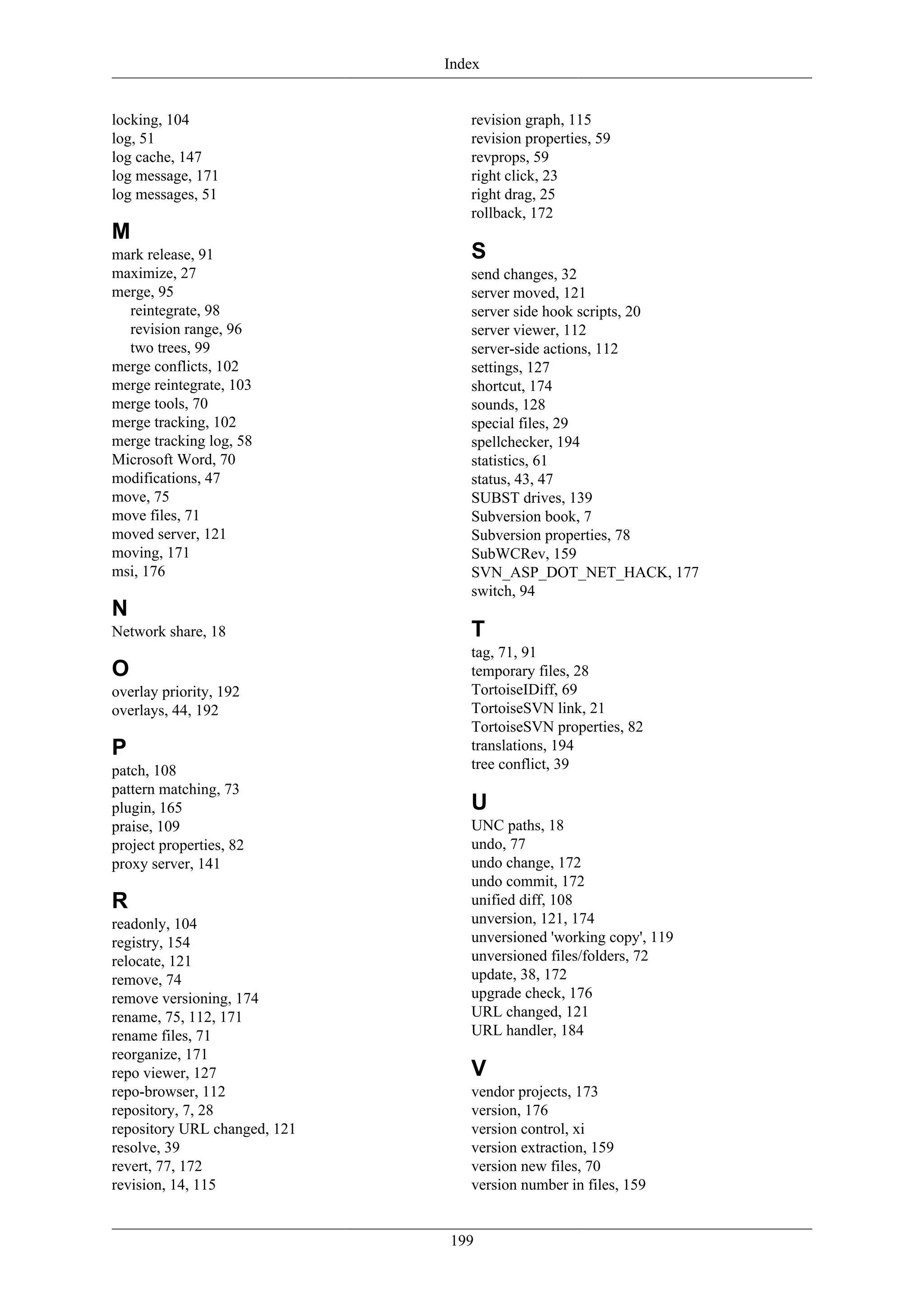 Index


locking, 104                     revision graph, 115
log, 51                          revision properties, 59
log cache, 147                   revprops, 59
log message, 171                 right click, 23
log messages, 51                 right drag, 25
                                 rollback, 172
M
mark release, 91                 S
maximize, 27                     send changes, 32
merge, 95                        server moved, 121
  reintegrate, 98                server side hook scripts, 20
  revision range, 96             server viewer, 112
  two trees, 99                  server-side actions, 112
merge conflicts, 102             settings, 127
merge reintegrate, 103           shortcut, 174
merge tools, 70                  sounds, 128
merge tracking, 102              special files, 29
merge tracking log, 58           spellchecker, 194
Microsoft Word, 70               statistics, 61
modifications, 47                status, 43, 47
move, 75                         SUBST drives, 139
move files, 71                   Subversion book, 7
moved server, 121                Subversion properties, 78
moving, 171                      SubWCRev, 159
msi, 176                         SVN_ASP_DOT_NET_HACK, 177
                                 switch, 94
N
Network share, 18                T
                                 tag, 71, 91
O                                temporary files, 28
overlay priority, 192            TortoiseIDiff, 69
overlays, 44, 192                TortoiseSVN link, 21
                                 TortoiseSVN properties, 82
P                                translations, 194
patch, 108                       tree conflict, 39
pattern matching, 73
plugin, 165                      U
praise, 109                      UNC paths, 18
project properties, 82           undo, 77
proxy server, 141                undo change, 172
                                 undo commit, 172
R                                unified diff, 108
readonly, 104                    unversion, 121, 174
registry, 154                    unversioned 'working copy', 119
relocate, 121                    unversioned files/folders, 72
remove, 74                       update, 38, 172
remove versioning, 174           upgrade check, 176
rename, 75, 112, 171             URL changed, 121
rename files, 71                 URL handler, 184
reorganize, 171
repo viewer, 127                 V
repo-browser, 112                vendor projects, 173
repository, 7, 28                version, 176
repository URL changed, 121      version control, xi
resolve, 39                      version extraction, 159
revert, 77, 172                  version new files, 70
revision, 14, 115                version number in files, 159


                              199
 
