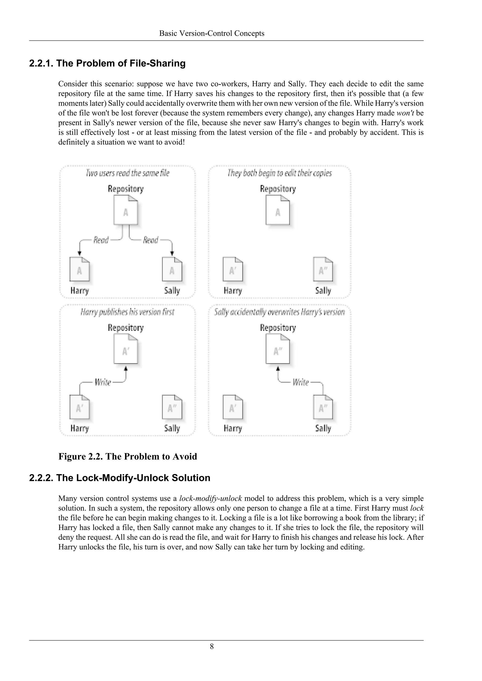 Basic Version-Control Concepts


2.2.1. The Problem of File-Sharing

      Consider this scenario: suppose we have two co-workers, Harry and Sally. They each decide to edit the same
      repository file at the same time. If Harry saves his changes to the repository first, then it's possible that (a few
      moments later) Sally could accidentally overwrite them with her own new version of the file. While Harry's version
      of the file won't be lost forever (because the system remembers every change), any changes Harry made won't be
      present in Sally's newer version of the file, because she never saw Harry's changes to begin with. Harry's work
      is still effectively lost - or at least missing from the latest version of the file - and probably by accident. This is
      definitely a situation we want to avoid!




      Figure 2.2. The Problem to Avoid

2.2.2. The Lock-Modify-Unlock Solution

      Many version control systems use a lock-modify-unlock model to address this problem, which is a very simple
      solution. In such a system, the repository allows only one person to change a file at a time. First Harry must lock
      the file before he can begin making changes to it. Locking a file is a lot like borrowing a book from the library; if
      Harry has locked a file, then Sally cannot make any changes to it. If she tries to lock the file, the repository will
      deny the request. All she can do is read the file, and wait for Harry to finish his changes and release his lock. After
      Harry unlocks the file, his turn is over, and now Sally can take her turn by locking and editing.




                                                       8
 