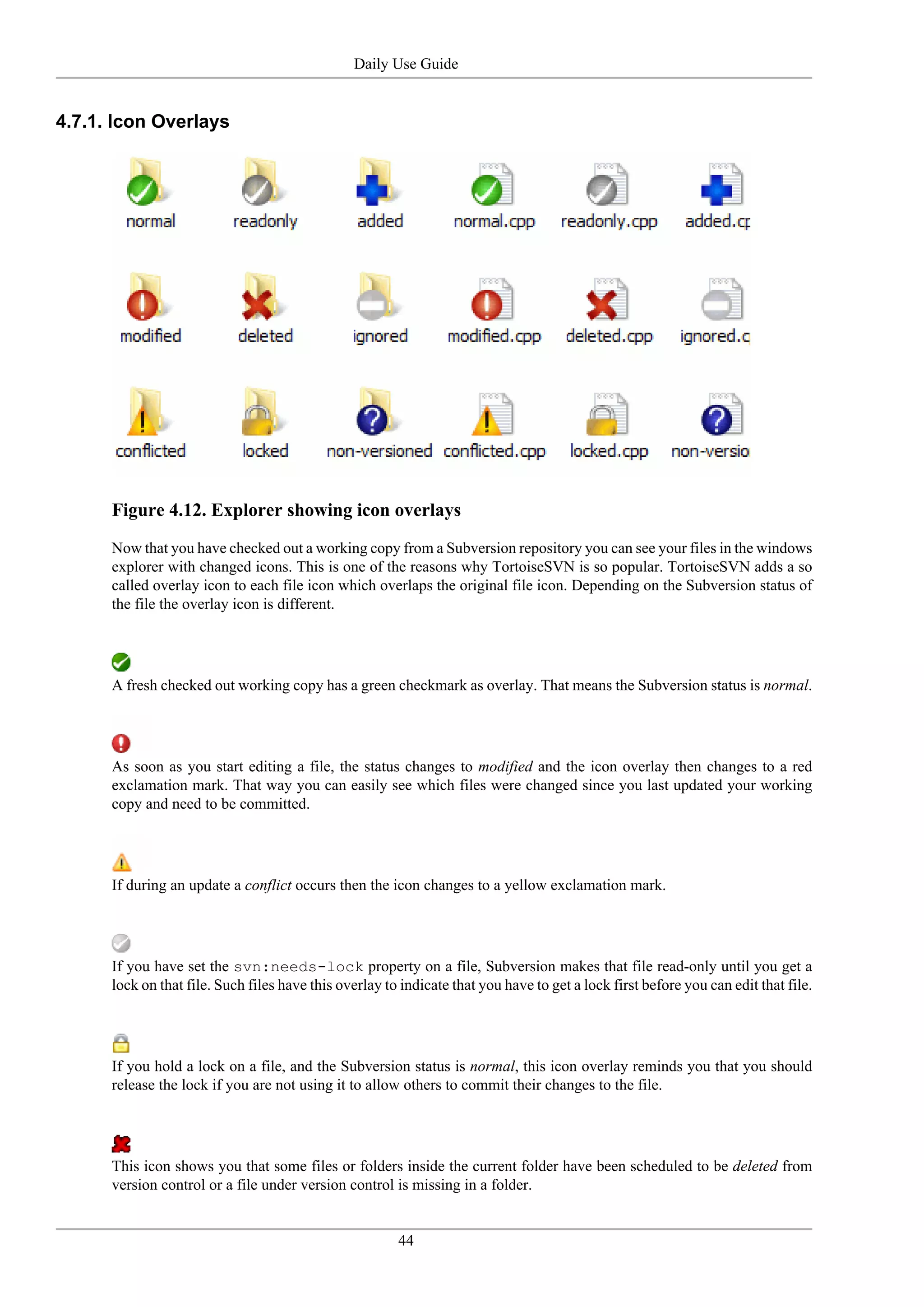 Daily Use Guide


4.7.1. Icon Overlays




      Figure 4.12. Explorer showing icon overlays
      Now that you have checked out a working copy from a Subversion repository you can see your files in the windows
      explorer with changed icons. This is one of the reasons why TortoiseSVN is so popular. TortoiseSVN adds a so
      called overlay icon to each file icon which overlaps the original file icon. Depending on the Subversion status of
      the file the overlay icon is different.




      A fresh checked out working copy has a green checkmark as overlay. That means the Subversion status is normal.




      As soon as you start editing a file, the status changes to modified and the icon overlay then changes to a red
      exclamation mark. That way you can easily see which files were changed since you last updated your working
      copy and need to be committed.




      If during an update a conflict occurs then the icon changes to a yellow exclamation mark.




      If you have set the svn:needs-lock property on a file, Subversion makes that file read-only until you get a
      lock on that file. Such files have this overlay to indicate that you have to get a lock first before you can edit that file.




      If you hold a lock on a file, and the Subversion status is normal, this icon overlay reminds you that you should
      release the lock if you are not using it to allow others to commit their changes to the file.




      This icon shows you that some files or folders inside the current folder have been scheduled to be deleted from
      version control or a file under version control is missing in a folder.


                                                        44
 