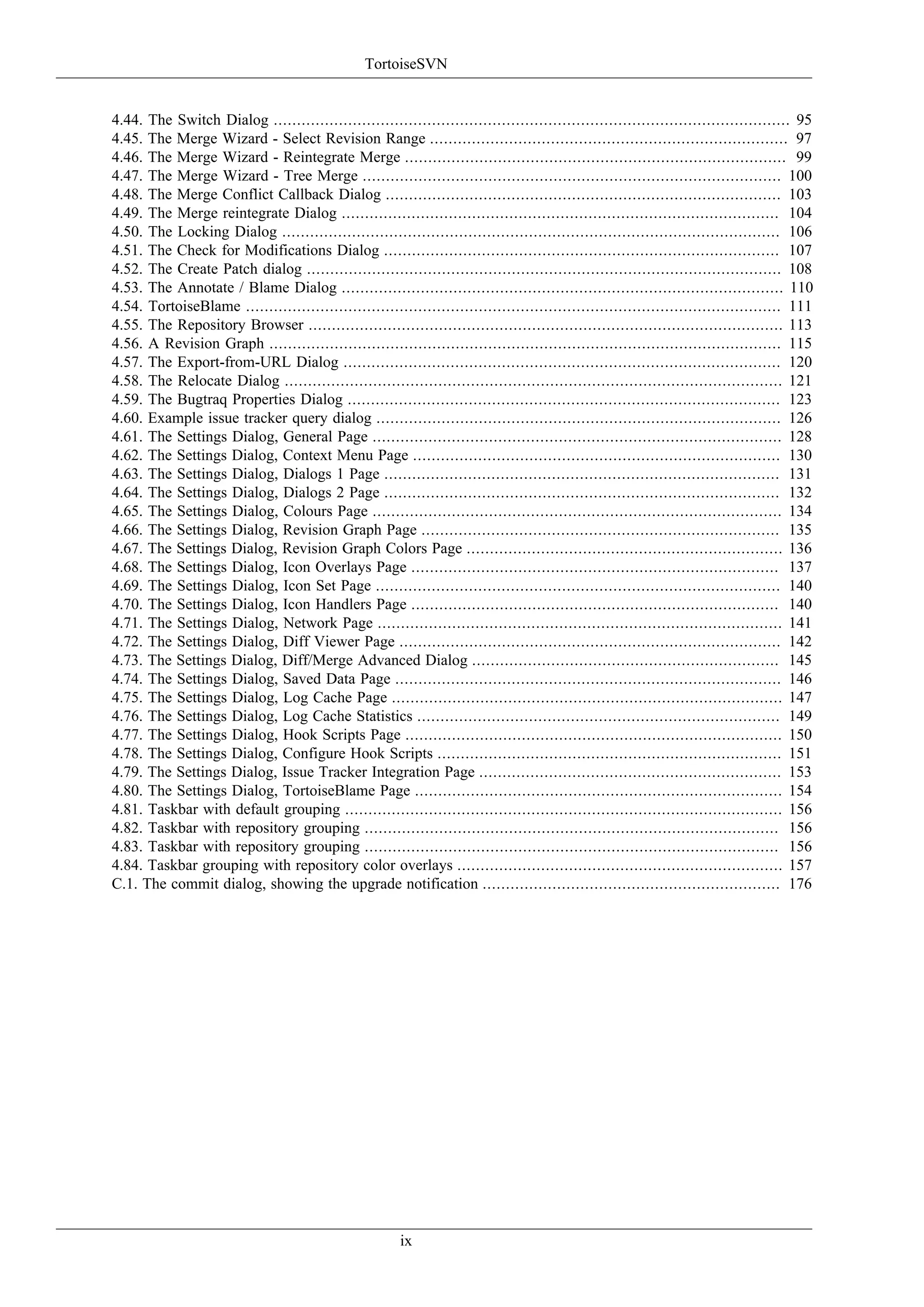 TortoiseSVN


4.44. The Switch Dialog ............................................................................................................... 95
4.45. The Merge Wizard - Select Revision Range ............................................................................. 97
4.46. The Merge Wizard - Reintegrate Merge .................................................................................. 99
4.47. The Merge Wizard - Tree Merge .......................................................................................... 100
4.48. The Merge Conflict Callback Dialog ..................................................................................... 103
4.49. The Merge reintegrate Dialog .............................................................................................. 104
4.50. The Locking Dialog ........................................................................................................... 106
4.51. The Check for Modifications Dialog ..................................................................................... 107
4.52. The Create Patch dialog ...................................................................................................... 108
4.53. The Annotate / Blame Dialog ............................................................................................... 110
4.54. TortoiseBlame ................................................................................................................... 111
4.55. The Repository Browser ...................................................................................................... 113
4.56. A Revision Graph .............................................................................................................. 115
4.57. The Export-from-URL Dialog .............................................................................................. 120
4.58. The Relocate Dialog ........................................................................................................... 121
4.59. The Bugtraq Properties Dialog ............................................................................................. 123
4.60. Example issue tracker query dialog ....................................................................................... 126
4.61. The Settings Dialog, General Page ........................................................................................ 128
4.62. The Settings Dialog, Context Menu Page ............................................................................... 130
4.63. The Settings Dialog, Dialogs 1 Page ..................................................................................... 131
4.64. The Settings Dialog, Dialogs 2 Page ..................................................................................... 132
4.65. The Settings Dialog, Colours Page ........................................................................................ 134
4.66. The Settings Dialog, Revision Graph Page ............................................................................. 135
4.67. The Settings Dialog, Revision Graph Colors Page .................................................................... 136
4.68. The Settings Dialog, Icon Overlays Page ............................................................................... 137
4.69. The Settings Dialog, Icon Set Page ....................................................................................... 140
4.70. The Settings Dialog, Icon Handlers Page ............................................................................... 140
4.71. The Settings Dialog, Network Page ....................................................................................... 141
4.72. The Settings Dialog, Diff Viewer Page .................................................................................. 142
4.73. The Settings Dialog, Diff/Merge Advanced Dialog .................................................................. 145
4.74. The Settings Dialog, Saved Data Page ................................................................................... 146
4.75. The Settings Dialog, Log Cache Page .................................................................................... 147
4.76. The Settings Dialog, Log Cache Statistics .............................................................................. 149
4.77. The Settings Dialog, Hook Scripts Page ................................................................................. 150
4.78. The Settings Dialog, Configure Hook Scripts .......................................................................... 151
4.79. The Settings Dialog, Issue Tracker Integration Page ................................................................. 153
4.80. The Settings Dialog, TortoiseBlame Page ............................................................................... 154
4.81. Taskbar with default grouping .............................................................................................. 156
4.82. Taskbar with repository grouping ......................................................................................... 156
4.83. Taskbar with repository grouping ......................................................................................... 156
4.84. Taskbar grouping with repository color overlays ...................................................................... 157
C.1. The commit dialog, showing the upgrade notification ................................................................ 176




                                                         ix
 