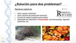 ¿Solución para dos problemas?
Residuos orgánicos:
• Gran impacto ambiental
• Gran volumen de producción temporal
• Fuente de materia orgánica para suelos
• Necesidad de tratamiento: Compostaje, vermicompostaje, digestión
anaerobia, etc.
 