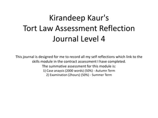 Kirandeep Kaur's
Tort Law Assessment Reflection
Journal Level 4
This journal is designed for me to record all my self reflections which link to the
skills module in the contract assessment I have completed.
The summative assessment for this module is:
1) Case anaysis (2000 words) (50%) - Autumn Term
2) Examination (2hours) (50%) - Summer Term
 