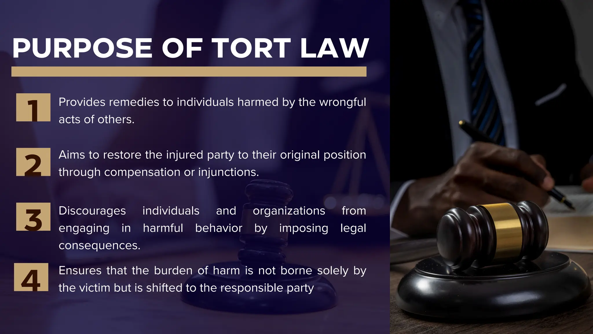 PURPOSE OF TORT LAW
Provides remedies to individuals harmed by the wrongful
acts of others.
1
Aims to restore the injured party to their original position
through compensation or injunctions.
2
Discourages individuals and organizations from
engaging in harmful behavior by imposing legal
consequences.
3
4
Ensures that the burden of harm is not borne solely by
the victim but is shifted to the responsible party
 
