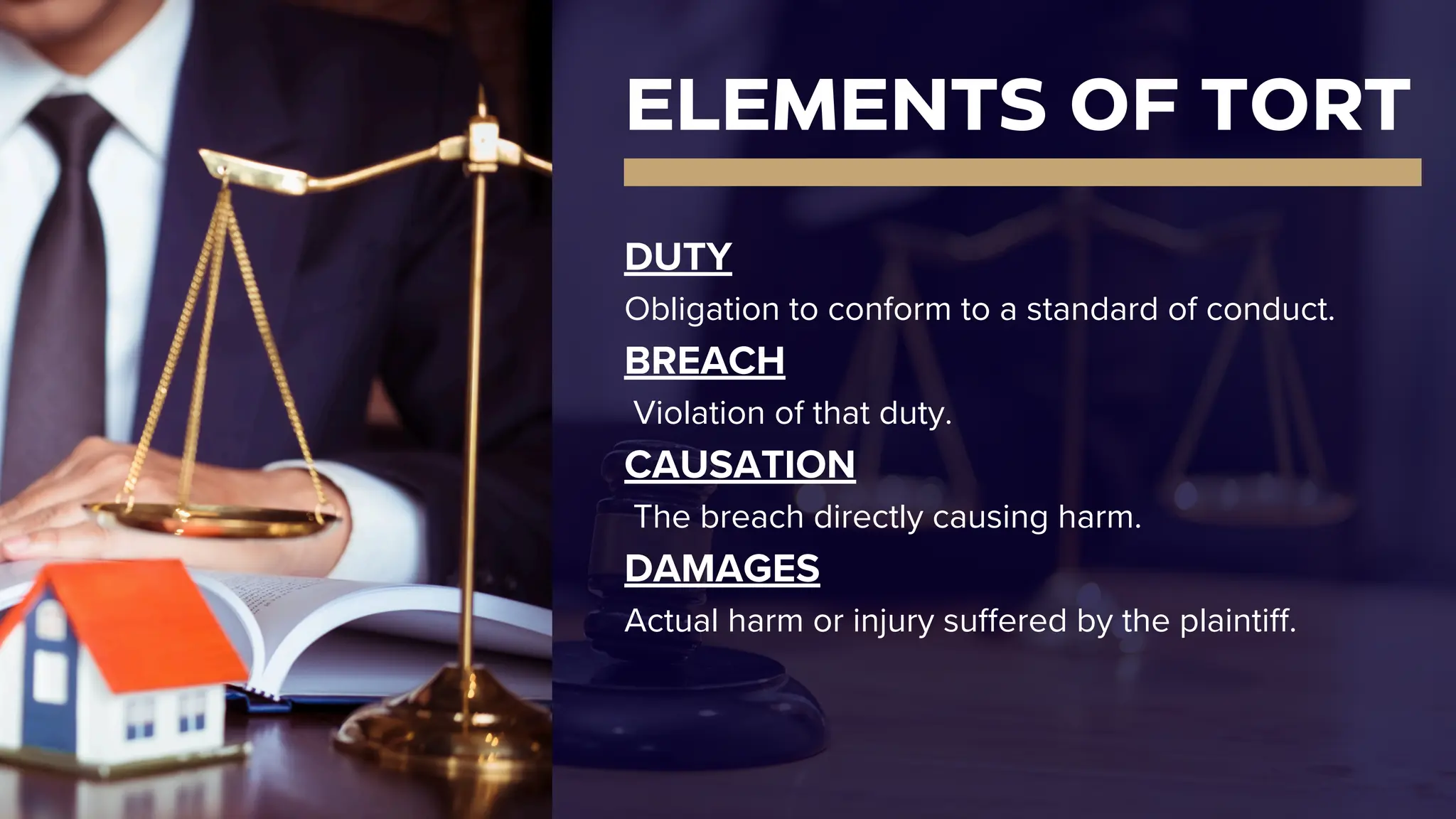 ELEMENTS OF TORT
DUTY
Obligation to conform to a standard of conduct.
BREACH
Violation of that duty.
CAUSATION
The breach directly causing harm.
DAMAGES
Actual harm or injury suffered by the plaintiff.
 