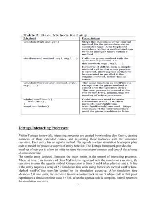 Tortuga Interacting Processes:
Within Tortuga framework, interacting processes are created by extending class Entity, creating
instances of those extended classes, and registering those instances with the simulation
executive. Each entity has an agenda method. The agenda iswhere simulation developers place
code to model the proactive aspects of entity behavior. The Tortuga framework provides the
usual set of services to allow an entity to sense the simulateenvironment and control the advance
of simulation time.
The simple entity depicted illustrates the major points in the control of interacting processes.
When, at time t, an instance of class MyEntity is registered with the simulation executive, the
executive invokes the agenda method. Computation at lines 3 and 4 takes place at time t. In line
4, the entity requests a delay of 5.0 simulation time units using framework method waitForTime.
Method waitForTime transfers control to the simulation executive. After simulation time
advances 5.0 time units, the executive transfers control back to line 5 where code at that point
experiences a simulation time value t + 5.0. When the agenda code is complete, control returns to
the simulation executive.
7

 