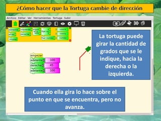 La tortuga puede
girar la cantidad de
grados que se le
indique, hacia la
derecha o la
izquierda.
Cuando ella gira lo hace sobre el
punto en que se encuentra, pero no
avanza.