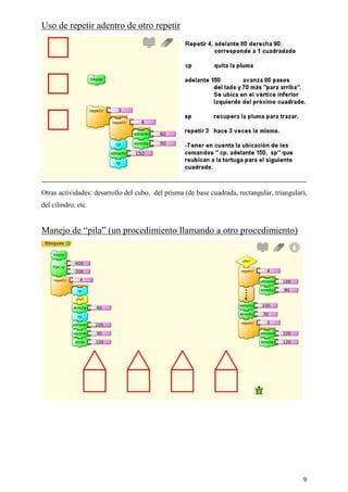 Uso de repetir adentro de otro repetir




Otras actividades: desarrollo del cubo, del prisma (de base cuadrada, rectangular, triangular),
del cilindro, etc.


Manejo de “pila” (un procedimiento llamando a otro procedimiento)




                                                                                             9
 
