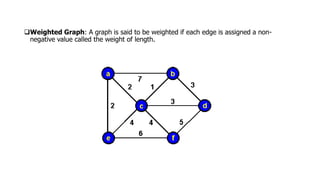 Weighted Graph: A graph is said to be weighted if each edge is assigned a non-
negative value called the weight of length.
 