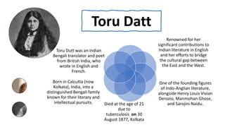 Toru Datt
Toru Dutt was an Indian
Bengali translator and poet
from British India, who
wrote in English and
French.
One of the founding figures
of Indo-Anglian literature,
alongside Henry Louis Vivian
Derozio, Manmohan Ghose,
and Sarojini Naidu.
Renowned for her
significant contributions to
Indian literature in English
and her efforts to bridge
the cultural gap between
the East and the West.
Born in Calcutta (now
Kolkata), India, into a
distinguished Bengali family
known for their literary and
intellectual pursuits. Died at the age of 21
due to
tuberculosis on 30
August 1877, Kolkata
 