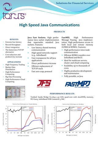 Solutions for Financial Services




                     High Speed Java Communications
                                                          PRODUCTS

                              Java Fast Sockets. High perfor-      FastMPJ.      High      Performance
          BENEFITS            mance Java socket implementation     Message Passing Java implemen-
•   Extreme low-latency       that supersedes standard Java        tation. High performance access to
•   Record throughput         sockets. Features:                   both local and remote memory
•   Direct integration           Low latency shared memory        (LDMA & RDMA). Features:
•   The fastest Java TCP/IP       communication                     High performance intra-node
    alternative                  High speed networks support         communication
•   Cost reduction and            (e.g., InfiniBand)                Efficient RDMA transfers over
    productivity increase                                             InfiniBand and RoCE
                                 User-transparent for all Java
                                  applications                      Ideal for multicore servers,
      APPLICATIONS                                                    cluster and cloud computing
                                 Direct performance increase
•   High Frequency Trading
                                 Efficient replacement of          Scalability up to thousands of
•   Market Data
                                  TCP/IP stack                        cores
    Distribution
                                 Fast zero-copy protocol           Highly productive development
•   High Performance
    Computing                                                         and maintenance
•   Big Data Processing                                             Fully portable, as Java
•   High Performance Cloud
    Computing




                                                      PERFORMANCE RESULTS
                                 Testbed: Sandy Bridge E5-2643 3.30 GHz quad-core with 1600DDR3 memory,
                                 PCI Gen3, InfiniBand FDR ConnectX-3 NIC.
 