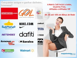 DE 2% até 10% em Bônus de Rede
A Matriz 2x8 inclui a todos,
Usuários Free,
Afiliados e Afiliados VIP
 