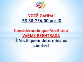 VOCÊ GANHA!
R$ 38.736,00 por ID
Considerando que Você terá
VARIAS REENTRADA
É Você quem determina os
Limites!
 