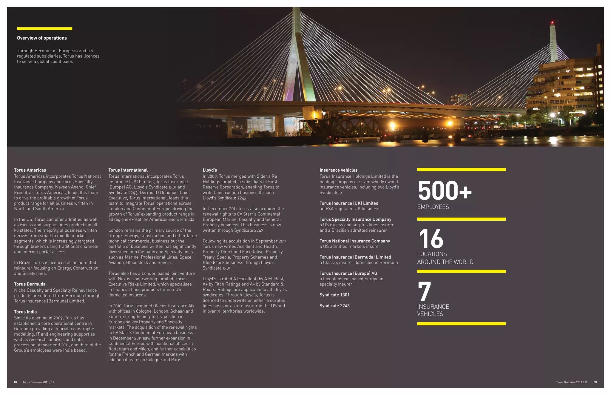 Overview of operations

 Through Bermudian, European and US
 regulated subsidiaries, Torus has licences
 to serve a global client base.




Torus Americas                                   Torus International                               Lloyd’s                                         Insurance vehicles




                                                                                                                                                                                               500+
Torus Americas incorporates Torus National       Torus International incorporates Torus            In 2009, Torus merged with Sideris Re           Torus Insurance Holdings Limited is the
Insurance Company and Torus Specialty            Insurance (UK) Limited, Torus Insurance           Holdings Limited, a subsidiary of First         holding company of seven wholly owned
Insurance Company. Naveen Anand, Chief           (Europe) AG, Lloyd’s Syndicate 1301 and           Reserve Corporation, enabling Torus to          insurance vehicles, including two Lloyd’s
Executive, Torus Americas, leads this team       Syndicate 2243. Dermot O’Donohoe, Chief           write Construction business through             Syndicates:
to drive the profitable growth of Torus’         Executive, Torus International, leads this        Lloyd’s Syndicate 2243.
product range for all business written in        team to integrate Torus’ operations across                                                        Torus Insurance (UK) Limited
North and South America.                         London and Continental Europe, driving the        In December 2011 Torus also acquired the        an FSA regulated UK business                EMPLOYEES
                                                 growth of Torus’ expanding product range in       renewal rights to CV Starr’s Continental
In the US, Torus can offer admitted as well      all regions except the Americas and Bermuda.      European Marine, Casualty and General           Torus Specialty Insurance Company




                                                                                                                                                                                               16
as excess and surplus lines products in all                                                        Property business. This business is now         a US excess and surplus lines insurer
50 states. The majority of business written      London remains the primary source of the          written through Syndicate 2243.                 and a Brazilian admitted reinsurer
derives from small to middle market              Group’s Energy, Construction and other large
segments, which is increasingly targeted         technical commercial business but the             Following its acquisition in September 2011,    Torus National Insurance Company
through brokers using traditional channels       portfolio of business written has significantly   Torus now writes Accident and Health,           a US admitted markets insurer
and internet portal access.                      diversified into Casualty and Specialty lines     Property Direct and Facultative, Property
                                                 such as Marine, Professional Lines, Space,        Treaty, Specie, Property Schemes and            Torus Insurance (Bermuda) Limited
                                                                                                                                                                                               LOCATIONS
In Brazil, Torus is licenced as an admitted      Aviation, Bloodstock and Specie.                  Bloodstock business through Lloyd’s             a Class-4 insurer domiciled in Bermuda      AROUND THE WORLD
reinsurer focusing on Energy, Construction                                                         Syndicate 1301.
and Surety lines.                                Torus also has a London based joint venture                                                       Torus Insurance (Europe) AG




                                                                                                                                                                                               7
                                                 with Nexus Underwriting Limited, Torus            Lloyd’s is rated A (Excellent) by A.M. Best,    a Liechtenstein-based European
Torus Bermuda                                    Executive Risks Limited, which specialises        A+ by Fitch Ratings and A+ by Standard &        specialty insurer
Niche Casualty and Specialty Reinsurance         in financial lines products for non US            Poor’s. Ratings are applicable to all Lloyd’s
products are offered from Bermuda through        domiciled insureds.                               syndicates. Through Lloyd’s, Torus is           Syndicate 1301
Torus Insurance (Bermuda) Limited.                                                                 licenced to underwrite on either a surplus
                                                 In 2010, Torus acquired Glacier Insurance AG      lines basis or as a reinsurer in the US and     Syndicate 2243                              INSURANCE
Torus India                                      with offices in Cologne, London, Schaan and       in over 75 territories worldwide.
                                                 Zurich, strengthening Torus’ position in                                                                                                      VEHICLES
Since its opening in 2009, Torus has
established a core operational centre in         Europe and key Property and Specialty
Gurgaon providing actuarial, catastrophe         markets. The acquisition of the renewal rights
modelling, IT and engineering support as         to CV Starr’s Continental European business
well as research, analysis and data              in December 2011 saw further expansion in
processing. At year end 2011, one third of the   Continental Europe with additional offices in
Group‘s employees were India based.              Rotterdam and Milan, and further capabilities
                                                 for the French and German markets with
                                                 additional teams in Cologne and Paris.



07   Torus Overview 2011 / 12                                                                                                                                                                                     Torus Overview 2011 / 12   08
 