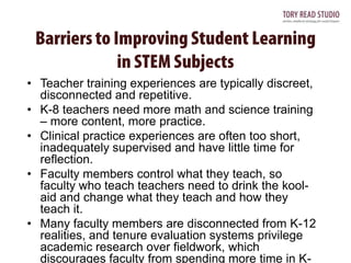 • Teacher training experiences are typically discreet,
disconnected and repetitive.
• K-8 teachers need more math and science training
– more content, more practice.
• Clinical practice experiences are often too short,
inadequately supervised and have little time for
reflection.
• Faculty members control what they teach, so
faculty who teach teachers need to drink the koolaid and change what they teach and how they
teach it.
• Many faculty members are disconnected from K-12
realities, and tenure evaluation systems privilege
academic research over fieldwork, which
discourages faculty from spending more time in K-

 