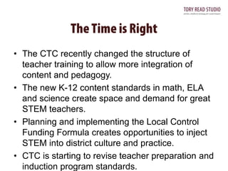 • The CTC recently changed the structure of
teacher training to allow more integration of
content and pedagogy.
• The new K-12 content standards in math, ELA
and science create space and demand for great
STEM teachers.
• Planning and implementing the Local Control
Funding Formula creates opportunities to inject
STEM into district culture and practice.
• CTC is starting to revise teacher preparation and
induction program standards.

 