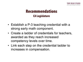 • Establish a P-3 teaching credential with a
strong early math component.
• Create a ladder of credentials for teachers,
awarded as they reach increased
competency levels over time.
• Link each step on the credential ladder to
increases in compensation.

 