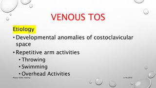 VENOUS TOS
Etiology
• Developmental anomalies of costoclavicular
space
• Repetitive arm activities
• Throwing
• Swimming
• Overhead Activities
3/18/2018Physio-Ortho meeting
 
