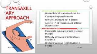 TRANSAXILL
ARY
APPROACH
• Limited field of operative dissection
• Cosmetically placed incision
• Sufficient exposure (for 1 person)
• Achieve 1st rib resection and anterior
scalenectomy
• Removal of anomalous ligaments and
fibrous bands
Advantages
• Incomplete exposure of entire scalene
triangle
• Difficulty achieving brachial plexus
neurolysis
• Limited if vascular reconstruction is
needed
Disadvantages
3/18/2018Physio-Ortho meeting
 