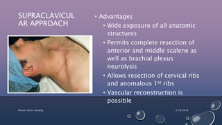 • Advantages
• Wide exposure of all anatomic
structures
• Permits complete resection of
anterior and middle scalene as
well as brachial plexus
neurolysis
• Allows resection of cervical ribs
and anomalous 1st ribs
• Vascular reconstruction is
possible
3/18/2018Physio-Ortho meeting
SUPRACLAVICUL
AR APPROACH
 