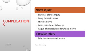 COMPLICATION
S
Nerve injury
• brachial plexus injury
• Long thoracic nerve
• Phrenic nerve
• Intercosto-brachial nerve.
• Vagus and Reccurent laryngeal nerve
Vascular injury
• Subclavian vein and artery
3/18/2018 Physio-Ortho meeting
 