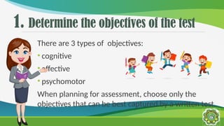 1. Determine the objectives of the test
There are 3 types of objectives:
• cognitive
• affective
• psychomotor
When planning for assessment, choose only the
objectives that can be best captured by a written test.
 