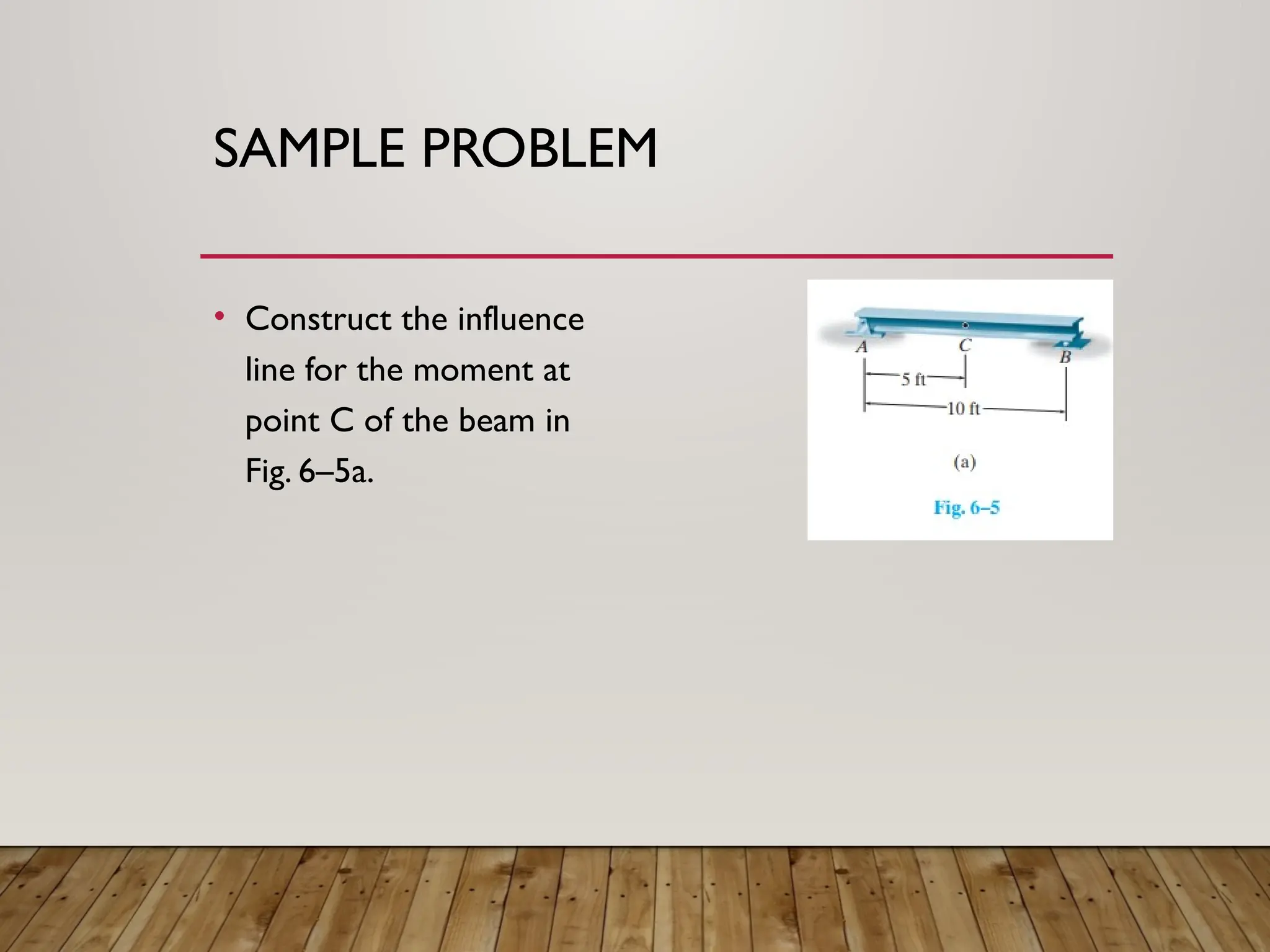 SAMPLE PROBLEM
• Construct the influence
line for the moment at
point C of the beam in
Fig. 6–5a.
 