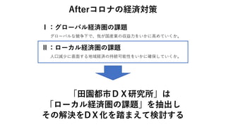 Ⅰ：グローバル経済圏の課題
グローバルな競争下で、我が国産業の収益力をいかに高めていくか。
Ⅱ：ローカル経済圏の課題
人口減少に直面する地域経済の持続可能性をいかに確保していくか。
「田園都市ＤＸ研究所」は
「ローカル経済圏の課題」を抽出し
その解決をDＸ化を踏まえて検討する
Afterコロナの経済対策
 
