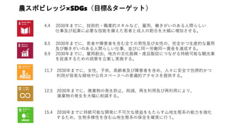農スポビレッジ×SDGs（目標&ターゲット）
4.4 2030年までに、技術的・職業的スキルなど、雇用、働きがいのある人間らしい
仕事及び起業に必要な技能を備えた若者と成人の割合を大幅に増加させる。
8.5 2030年までに、若者や障害者を含む全ての男性及び女性の、完全かつ生産的な雇用
及び働きがいのある人間らしい仕事、並びに同一労働同一賃金を達成する。
8.9 2030年までに、雇用創出、地方の文化振興・産品販促につながる持続可能な観光業
を促進するための政策を立案し実施する。
11.7 2030年までに、女性、子供、高齢者及び障害者を含め、人々に安全で包摂的かつ
利用が容易な緑地や公共スペースへの普遍的アクセスを提供する。
12.5 2030年までに、廃棄物の発生防止、削減、再生利用及び再利用により、
廃棄物の発生を大幅に削減する。
15.4 2030年までに持続可能な開発に不可欠な便益をもたらす山地生態系の能力を強化
するため、生物多様性を含む山地生態系の保全を確実に行う。
 