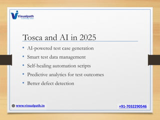 Tosca and AI in 2025
• AI-powered test case generation
• Smart test data management
• Self-healing automation scripts
• Predictive analytics for test outcomes
• Better defect detection
 