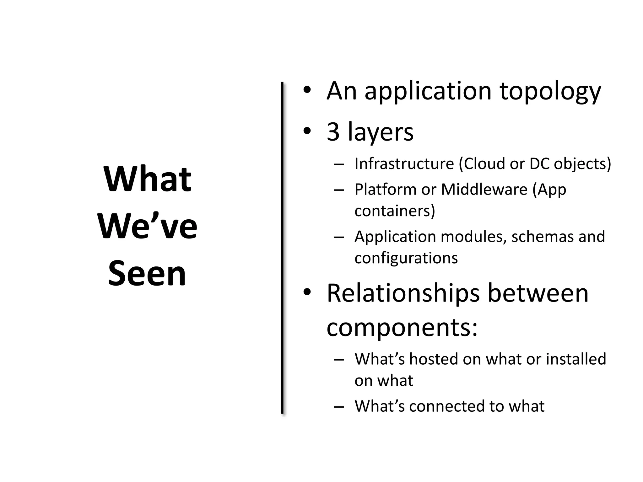 What
We’ve
Seen
• An application topology
• 3 layers
– Infrastructure (Cloud or DC objects)
– Platform or Middleware (App
containers)
– Application modules, schemas and
configurations
• Relationships between
components:
– What’s hosted on what or installed
on what
– What’s connected to what
 