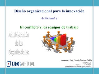 Diseño organizacional para la innovación 
Actividad 1 
El conflicto y los equipos de trabajo 
Estudiante: Elvia Patricia Toscano Padilla 
UDG Virtual 
Etapa 2 17/10/2014 
Asesor(a): Cecilia Irma Magaña Jáuregui 
 