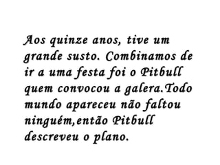 Aos quinze anos, tive um
grande susto. Combinamos de
ir a uma festa foi o Pitbull
quem convocou a galera.Todo
mundo apareceu não faltou
ninguém,então Pitbull
descreveu o plano.
 