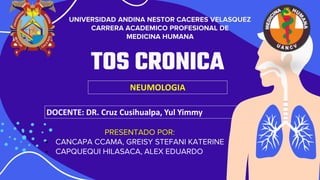 TOS CRONICA
PRESENTADO POR:
• CANCAPA CCAMA, GREISY STEFANI KATERINE
• CAPQUEQUI HILASACA, ALEX EDUARDO
UNIVERSIDAD ANDINA NESTOR CACERES VELASQUEZ
CARRERA ACADEMICO PROFESIONAL DE
MEDICINA HUMANA
NEUMOLOGIA
DOCENTE: DR. Cruz Cusihualpa, Yul Yimmy
 
