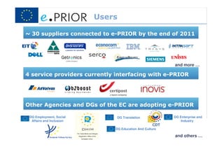 Users

~ 30 suppliers connected to e-PRIOR by the end of 2011




                                                         and more …

4 service providers currently interfacing with e-PRIOR




Other Agencies and DGs of the EC are adopting e-PRIOR

 DG Employment, Social        DG Translation             DG Enterprise and
  Affairs and Inclusion                                      Industry
                                                   CDT
                              DG Education And Culture

                                                         and others …
 