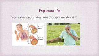 Expectoración
“Arrancar y arrojar por la boca las secreciones de laringe, tráquea y bronquios”
 