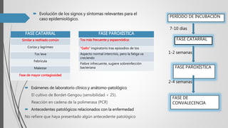  Exámenes de laboratorio clínico y anátomo-patológico
El cultivo de Bordet-Gengou (sensibilidad < 25).
Reacción en cadena de la polimerasa (PCR)
 Antecedentes patológicos relacionados con la enfermedad
No refiere que haya presentado algún antecedente patológico
PERÍODO DE INCUBACIÓN
FASE CATARRAL
FASE PAROXÍSTICA
FASE DE
CONVALECENCIA
7-10 días
1-2 semanas
2-4 semanas
 Evolución de los signos y síntomas relevantes para el
caso epidemiológico.
FASE CATARRAL
Similar a resfriado común
Coriza y lagrimeo
Tos leve
Febrícula
Malestar
Fase de mayor contagiosidad
FASE PAROXÍSTICA
Tos más frecuente y espasmódica:
“Gallo” inspiratorio tras episodios de tos
Aspecto normal intercrisis, pero la fatiga va
creciendo
Fiebre infrecuente, sugiere sobreinfección
bacteriana
 