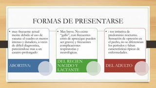 FORMAS DE PRESENTARSE 
• muy frecuente actual 
mente debido al uso de 
vacuna: el cuadro es menos 
intenso y duradero, a veces 
de difícil diagnostica, 
pareciéndose mas a un 
catarro prolongado 
ABORTIVA: 
• Mas breve. No existe 
“gallo”, con frecuentes 
crisis de apnea(que pueden 
ser graves) y frecuentes 
complicaciones 
respiratorias y 
neurológicas. 
DEL RECIEN 
NACIDO Y 
LACTANTE 
• : tos irritativa de 
predominio nocturno. 
Sensación de opresión en 
el pecho, no se diferencian 
los periodos y faltan 
características típicas de 
enfermedades. 
DEL ADULTO 
 