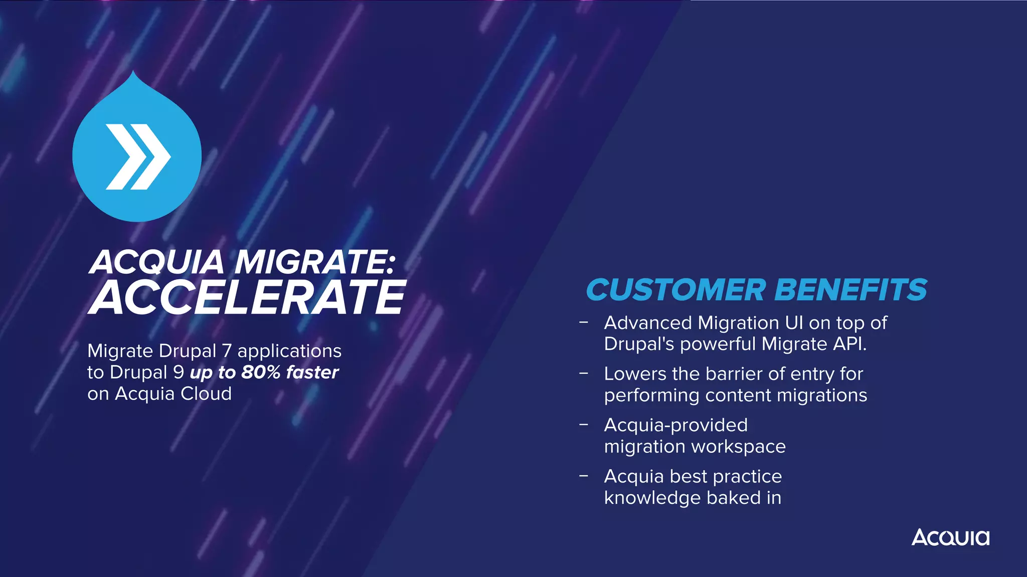 ©2018 Acquia Inc. — Conﬁdential and Proprietary
ACQUIA MIGRATE:
ACCELERATE
Migrate Drupal 7 applications
to Drupal 9 up to 80% faster
on Acquia Cloud
CUSTOMER BENEFITS
﹣ Advanced Migration UI on top of
Drupal's powerful Migrate API.
﹣ Lowers the barrier of entry for
performing content migrations
﹣ Acquia-provided
migration workspace
﹣ Acquia best practice
knowledge baked in
 