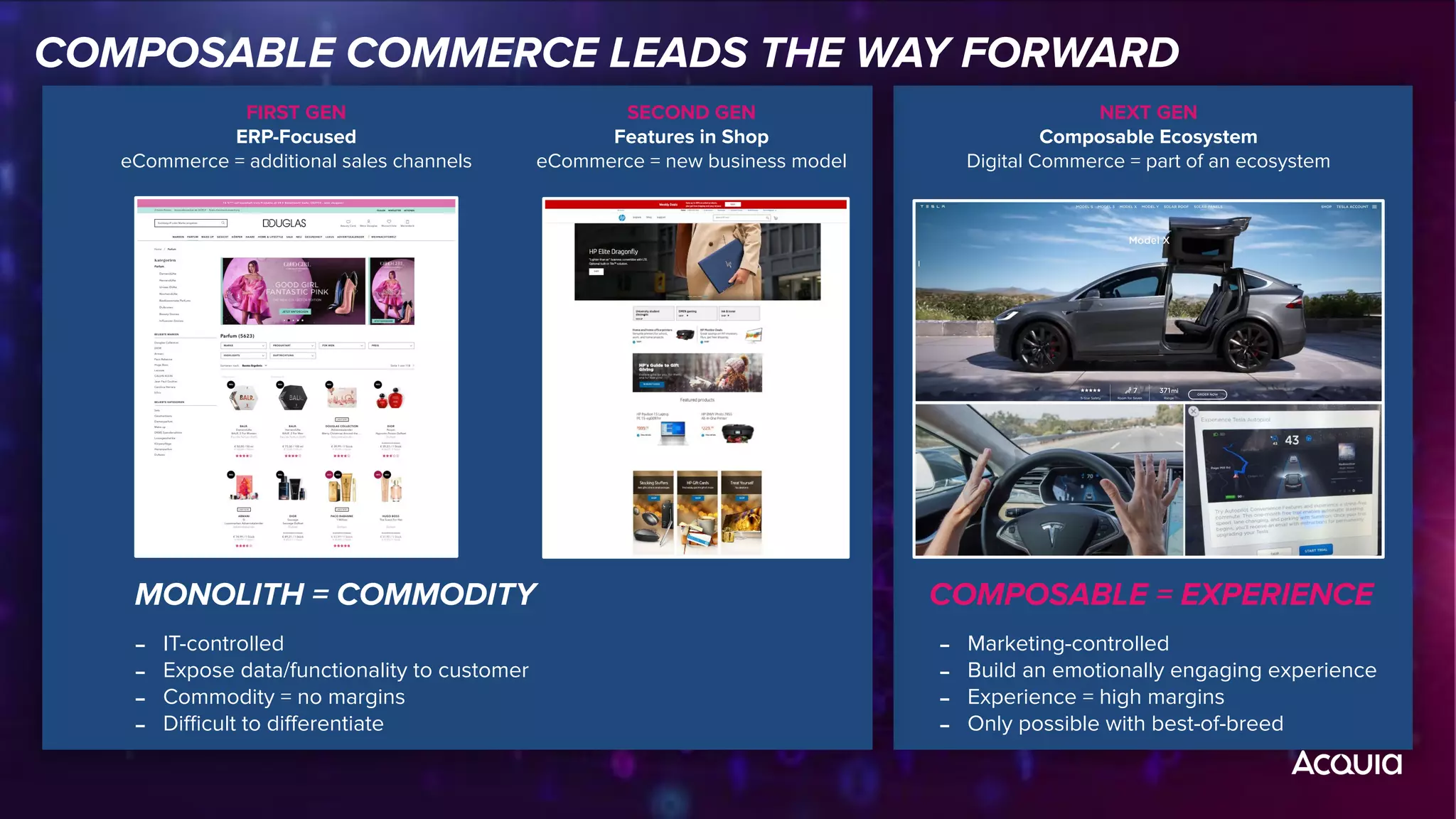 MONOLITH = COMMODITY COMPOSABLE = EXPERIENCE
‒ IT-controlled
‒ Expose data/functionality to customer
‒ Commodity = no margins
‒ Diﬃcult to diﬀerentiate
‒ Marketing-controlled
‒ Build an emotionally engaging experience
‒ Experience = high margins
‒ Only possible with best-of-breed
COMPOSABLE COMMERCE LEADS THE WAY FORWARD
FIRST GEN
ERP-Focused
eCommerce = additional sales channels
SECOND GEN
Features in Shop
eCommerce = new business model
NEXT GEN
Composable Ecosystem
Digital Commerce = part of an ecosystem
 