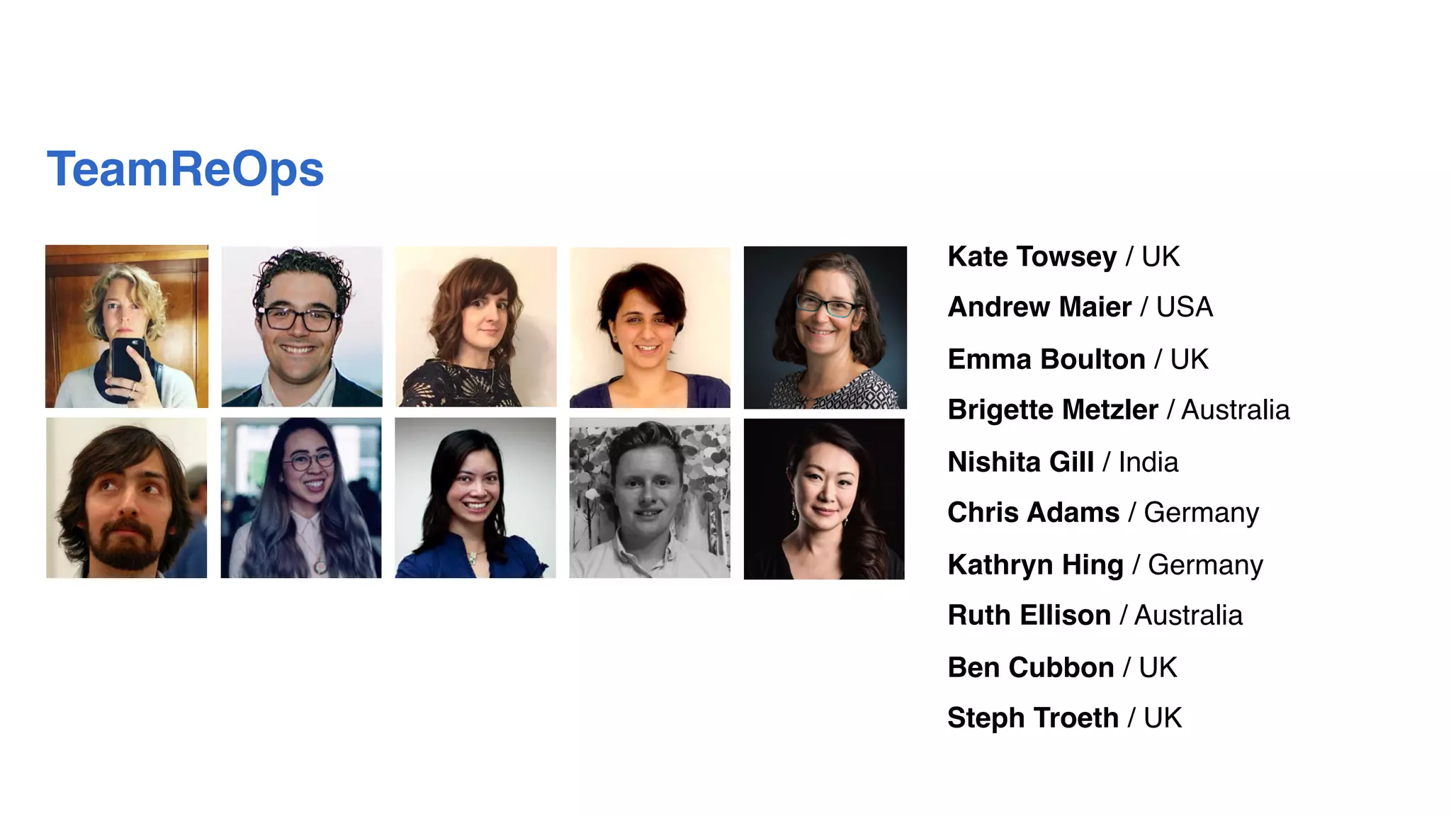 Kate Towsey / UK
Andrew Maier / USA
Emma Boulton / UK
Brigette Metzler / Australia 
Nishita Gill / India
Chris Adams / Germany
Kathryn Hing / Germany
Ruth Ellison / Australia
Ben Cubbon / UK
Steph Troeth / UK
TeamReOps
 