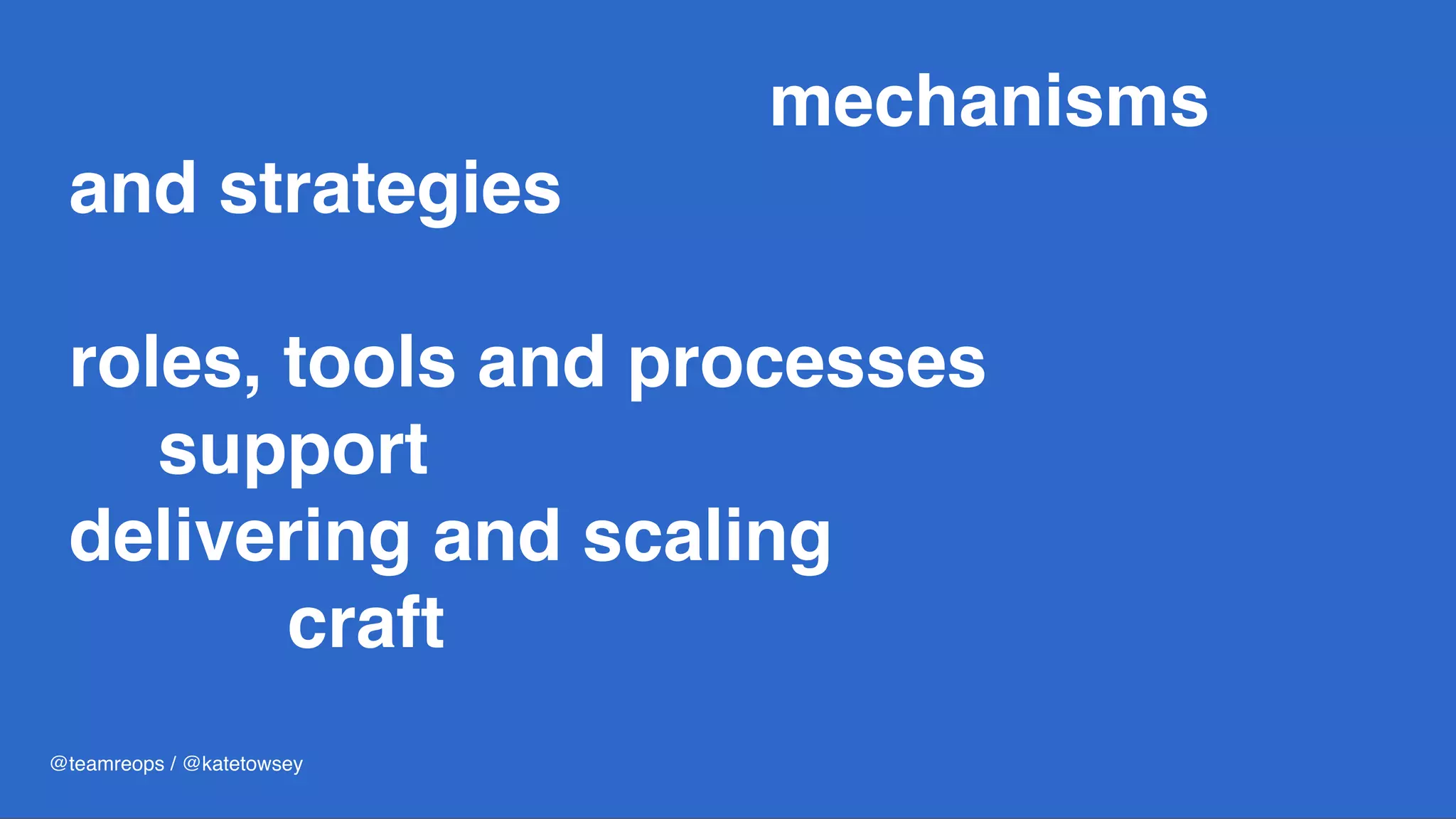 ResearchOps is the mechanisms
and strategies that set user
research in motion. It provides the
roles, tools and processes needed
to support researchers in
delivering and scaling the impact
of the craft across an organisation.
@teamreops / @katetowsey
 