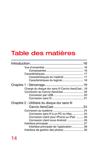14
Table des matières
Introduction.......................................................16
Vue d’ensemble ................................................... 16
Composantes................................................. 16
Caractéristiques................................................... 17
Caractéristiques du matériel.......................... 17
Caractéristiques du logiciel............................ 18
Chapitre 1 : Démarrage...........................................19
Charge du disque dur sans fil Canvio AeroCast.. 19
Connexion au Canvio AeroCast........................... 20
Connexion par USB ....................................... 20
Connexion sans fil.......................................... 21
Chapitre 2 : Utilitaire du disque dur sans fil
Canvio AeroCast.................................24
Connexion au système ........................................ 24
Connexion sans fil à un PC ou Mac............... 24
Connexion client pour iPhone ou iPad ......... 26
Connexion client sous Android ..................... 26
Interface principale .............................................. 27
Interface principale de l’application............... 28
Interface de gestion des photos .......................... 30
 