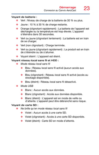 23
Démarrage
Connexion au Canvio AeroCast
Voyant de batterie :
❖ Vert : Niveau de charge de la batterie de 30 % ou plus.
❖ Jaune : 10 % à 30 % de charge restante.
❖ Orange (clignotant rapidement) : La batterie de l’appareil est
déchargée ou la température est trop élevée. L’appareil
s’éteindra dans 30 secondes.
❖ Vert ou jaune (clignotant lentement) : La batterie est en train
de se charger.
❖ Vert (non clignotant) : Charge terminée.
❖ Vert ou jaune (clignotant rapidement) : Le produit est en train
de s’éteindre ou de s’allumer.
❖ Voyant éteint : L’appareil est éteint.
Voyant réseau local sans fil et HDD :
❖ Mode réseau local sans fil
❖ Bleu : Réseau local sans fil activé (aucun accès aux
données).
❖ Bleu (clignotant) : Réseau local sans fil activé (accès au
stockage disponible).
❖ Bleu (éteint) : Réseau local sans fil désactivé.
❖ Mode USB
❖ Blanc : Aucun accès aux données.
❖ Blanc (clignotant) : Accès aux données disponible.
❖ Blanc (éteint) : L’appareil est en mode de veille ou
d’attente. L’appareil peut être débranché sans risque.
Voyant de carte SD :
❖ Ne brille qu'en mode réseau local sans fil
❖ Violet : Aucun accès à une carte SD.
❖ Violet (clignotant) : Accès à une carte SD disponible.
❖ Violet (éteint) : Carte SD en mode d’attente.
 