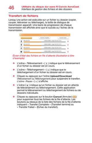 46 Utilitaire du disque dur sans fil Canvio AeroCast
Interface de gestion des fichiers et des dossiers
Transfert de fichiers
Lorsqu’une action est exécutée sur un fichier ou dossier (copier,
couper, téléverser ou télécharger), la boîte de dialogue de
transmission apparaît. Une barre de progression de chaque
transmission est affichée ainsi que le succès ou l'échec de la
transmission.
Écran d’état des fichiers en file d'attente (illustration à titre
d’exemple)
❖ L’icône « Téléversement » ( ) indique que le téléversement
d'un fichier ou dossier est en cours.
❖ L’icône « Téléchargement » ( ) indique que le
téléchargement d’un fichier ou dossier est en cours.
❖ Cliquez ou appuyez sur l'icône Upload/Download
(Téléversement ou Téléchargement) pour suspendre le transfert.
L’icône « Pause » ( ) s'affiche.
❖ L’icône ( ) indique qu’un fichier ou dossier est en attente
de téléversement ou téléchargement. Cette application
permet le téléversement ou téléchargement de fichiers ou de
dossiers individuels.
❖ Cliquez ou appuyez sur le bouton Cancel (Annuler) ( )
pour supprimer tous les fichiers de la file d’attente. Les
boutons au-dessus de la liste des fichiers de la file d’attente
indiquent « Transfer Complete » (Transfert terminé) ou
« Transfer Failed » (Échec du transfert).
 