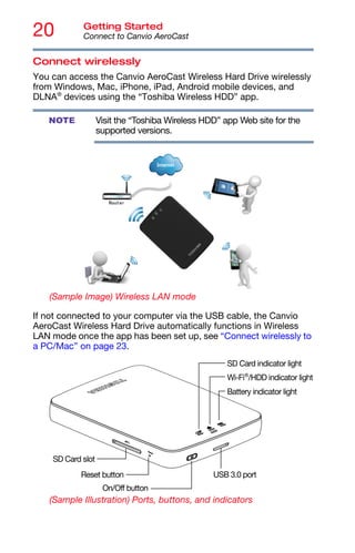 20 Getting Started
Connect to Canvio AeroCast
Connect wirelessly
You can access the Canvio AeroCast Wireless Hard Drive wirelessly
from Windows, Mac, iPhone, iPad, Android mobile devices, and
DLNA®
devices using the “Toshiba Wireless HDD” app.
Visit the “Toshiba Wireless HDD” app Web site for the
supported versions.
(Sample Image) Wireless LAN mode
If not connected to your computer via the USB cable, the Canvio
AeroCast Wireless Hard Drive automatically functions in Wireless
LAN mode once the app has been set up, see “Connect wirelessly to
a PC/Mac” on page 23.
(Sample Illustration) Ports, buttons, and indicators
NOTE
SD Card indicator light
Wi-Fi®
/HDD indicator light
Battery indicator light
On/Off button
Reset button USB 3.0 port
SD Card slot
 