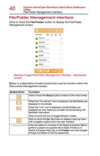40 Canvio AeroCast Wireless Hard Drive Software
Utility
File/Folder Management interface
File/Folder Management interface
Click or touch the File/Folder button to display the File/Folder
Management screen.
(Sample Image) File/Folder Management interface - Application
screen
Below is a description of each button/icon and its function within the
Documents Management screen:
Button/Icon Function
Click or touch the Back button to return to the main screen.
When the “Thumbnail” icon is displayed, the files/folders are
displayed in thumbnails.
When the “List” icon is displayed, the files/folders are
displayed as a list, featuring a smaller thumbnail along with
file/folder information.
Click or touch the icon to toggle between modes.
Click or touch the Go To button to display a pop-up menu
with navigation options from the main interface.
Enter key letters or numbers in the Search & Explorer field to
perform a search of a specific file or folder. If there is no
Search & Explorer field, tap on the Folder icon and navigate
through the folders to find the desired file.
 