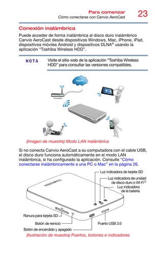 23
Para comenzar
Cómo conectarse con Canvio AeroCast
Conexión inalámbrica
Puede acceder de forma inalámbrica al disco duro inalámbrico
Canvio AeroCast desde dispositivos Windows, Mac, iPhone, iPad,
dispositivos móviles Android y dispositivos DLNA®
usando la
aplicación “Toshiba Wireless HDD”.
Visite el sitio web de la aplicación “Toshiba Wireless
HDD” para consultar las versiones compatibles.
(Imagen de muestra) Modo LAN inalámbrica
Si no conecta Canvio AeroCast a su computadora con el cable USB,
el disco duro funciona automáticamente en el modo LAN
inalámbrica, si ha configurado la aplicación. Consulte “Cómo
conectarse inalámbricamente a una PC o Mac” en la página 26.
(Ilustración de muestra) Puertos, botones e indicadores
NOTA
Enrutador
Luz indicadora de tarjeta SD
Luz indicadora de unidad
Luz indicadora
Botón de encendido y apagado
Botón de reinicio Puerto USB 3.0
Ranura para tarjeta SD
de disco duro o Wi-Fi
de la batería
®
 