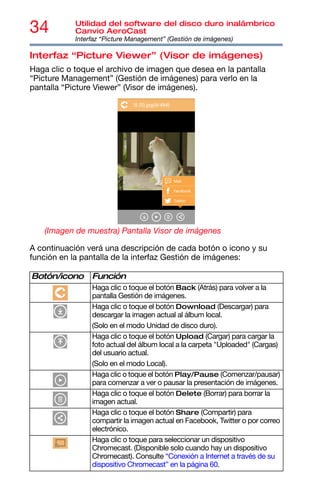 34 Utilidad del software del disco duro inalámbrico
Canvio AeroCast
Interfaz “Picture Management” (Gestión de imágenes)
Interfaz “Picture Viewer” (Visor de imágenes)
Haga clic o toque el archivo de imagen que desea en la pantalla
“Picture Management” (Gestión de imágenes) para verlo en la
pantalla “Picture Viewer” (Visor de imágenes).
(Imagen de muestra) Pantalla Visor de imágenes
A continuación verá una descripción de cada botón o icono y su
función en la pantalla de la interfaz Gestión de imágenes:
Botón/icono Función
Haga clic o toque el botón Back (Atrás) para volver a la
pantalla Gestión de imágenes.
Haga clic o toque el botón Download (Descargar) para
descargar la imagen actual al álbum local.
(Solo en el modo Unidad de disco duro).
Haga clic o toque el botón Upload (Cargar) para cargar la
foto actual del álbum local a la carpeta "Uploaded" (Cargas)
del usuario actual.
(Solo en el modo Local).
Haga clic o toque el botón Play/Pause (Comenzar/pausar)
para comenzar a ver o pausar la presentación de imágenes.
Haga clic o toque el botón Delete (Borrar) para borrar la
imagen actual.
Haga clic o toque el botón Share (Compartir) para
compartir la imagen actual en Facebook, Twitter o por correo
electrónico.
Haga clic o toque para seleccionar un dispositivo
Chromecast. (Disponible solo cuando hay un dispositivo
Chromecast). Consulte “Conexión a Internet a través de su
dispositivo Chromecast” en la página 60.
 